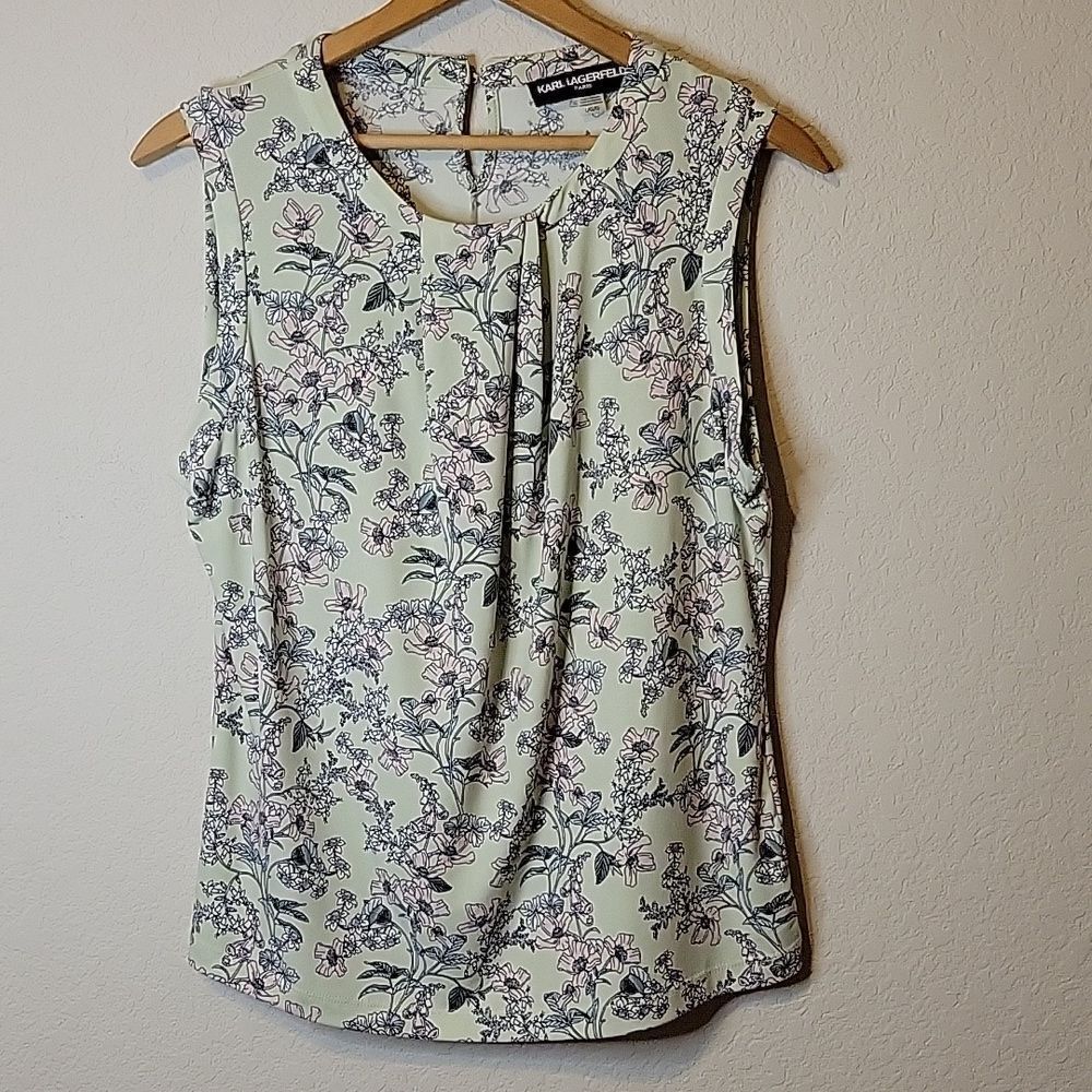 Karl Lagerfeld Paris Sleeveless Pink & Green Floral Blouse Size LG